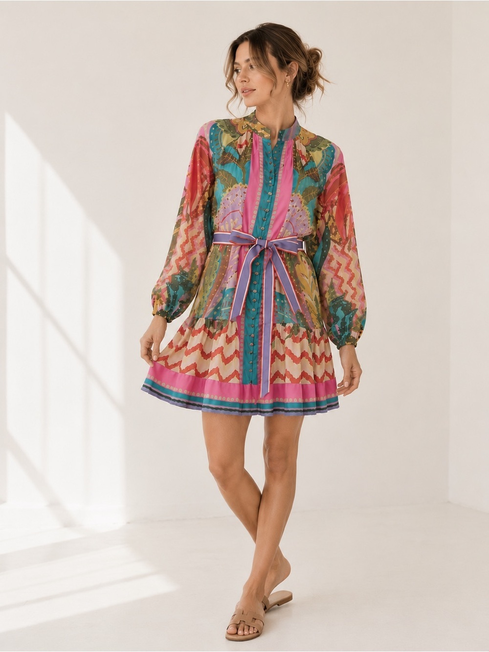 ANTONIO MELANI Brynn Abstract Print Belted Mini Dress Size 4 NWT Pink